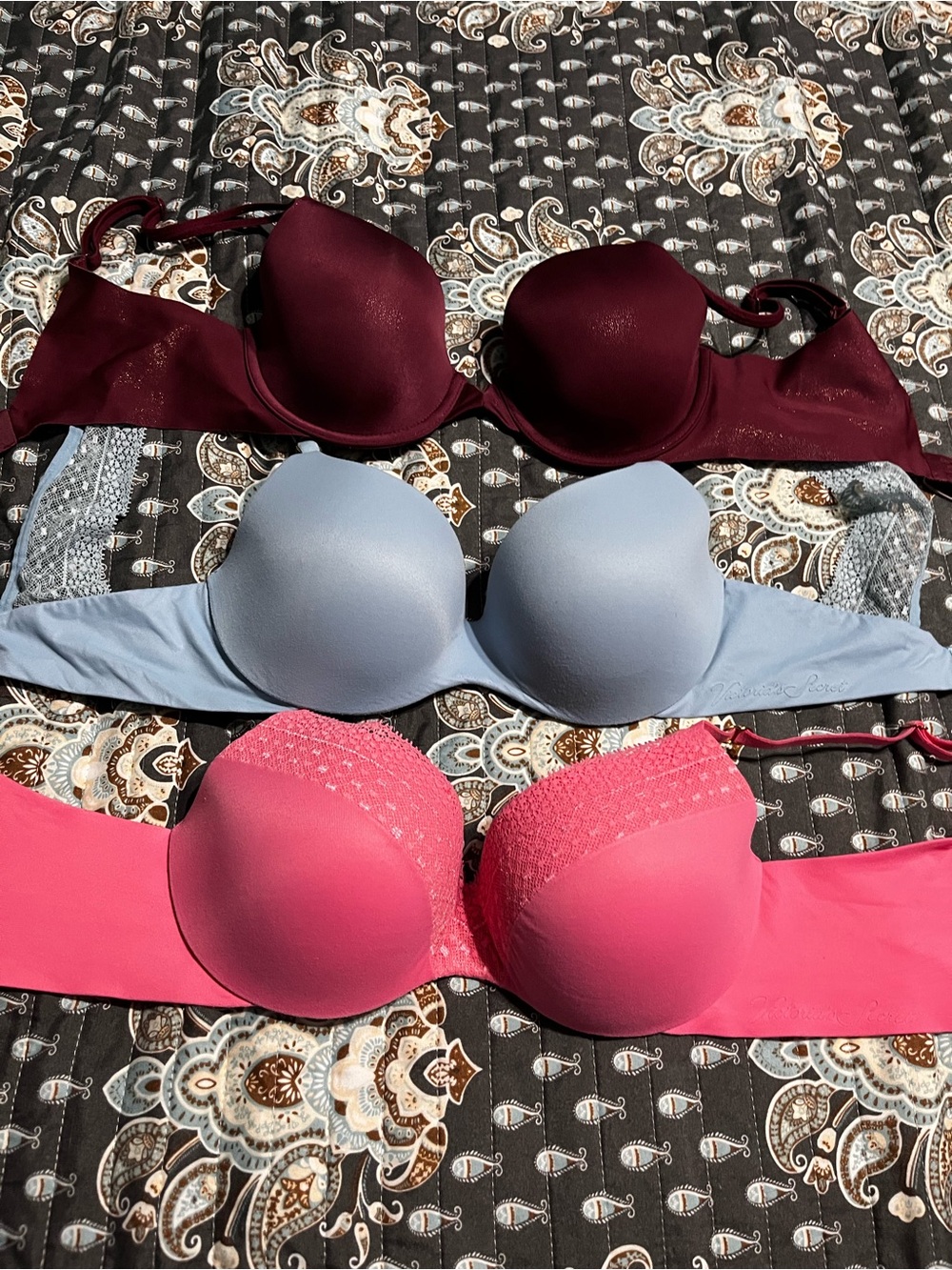 Victoria's Secret 3-Pack Smooth Push-Up Bras in Burgundy, Light Blue & Pink